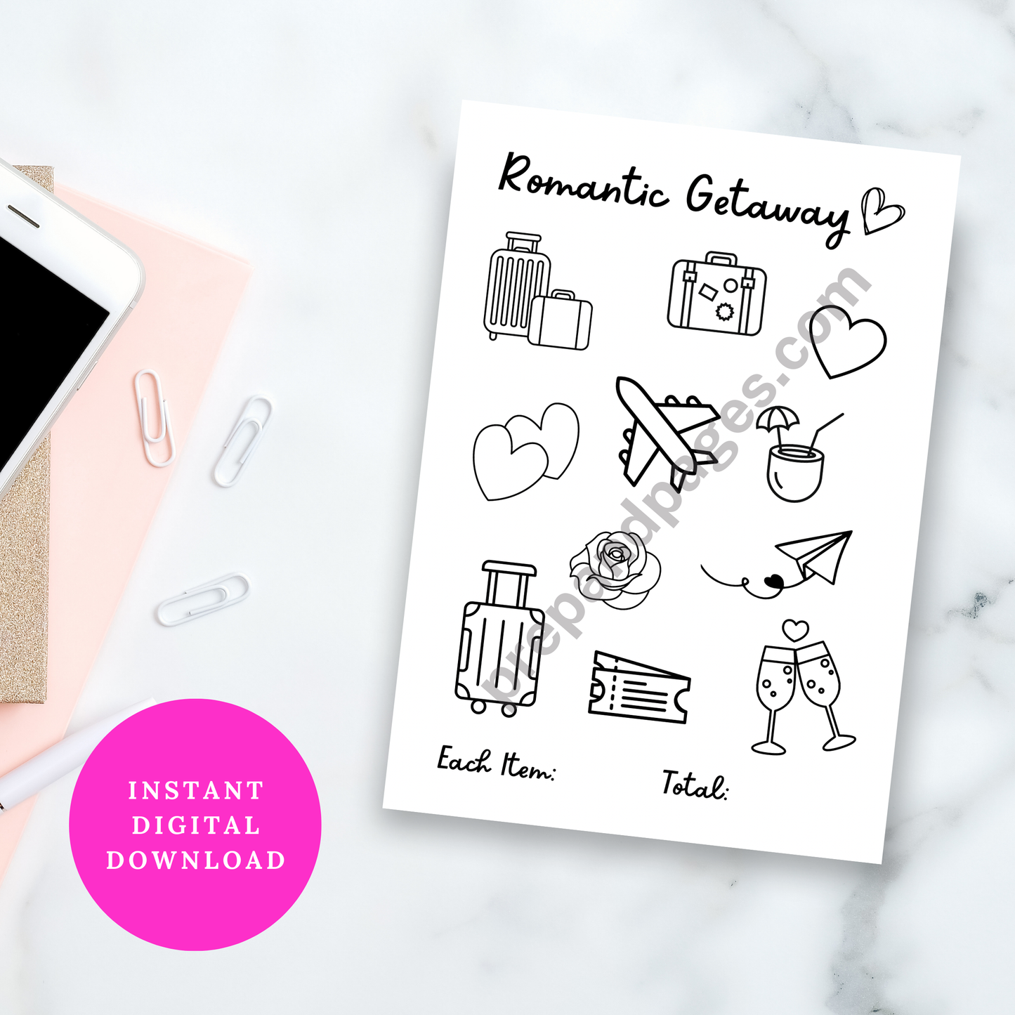 Romantic Getaway Savings Challenge Tracker Printable